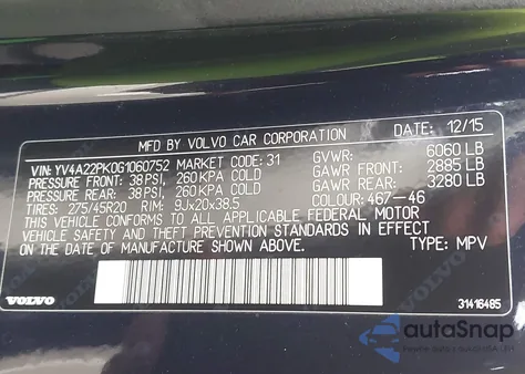 2016 Volvo Xc90 T6 Momentum z USA, uszkodzony, nr VIN YV4A22PK0G1060752